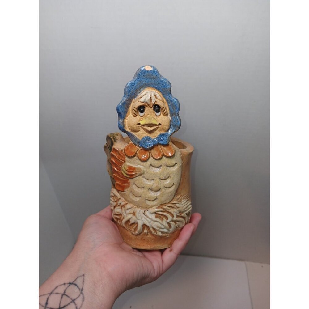 Chicken In Bonnet Pottery Utensil Holder/ Planter Whimsical Vintage Countrycore